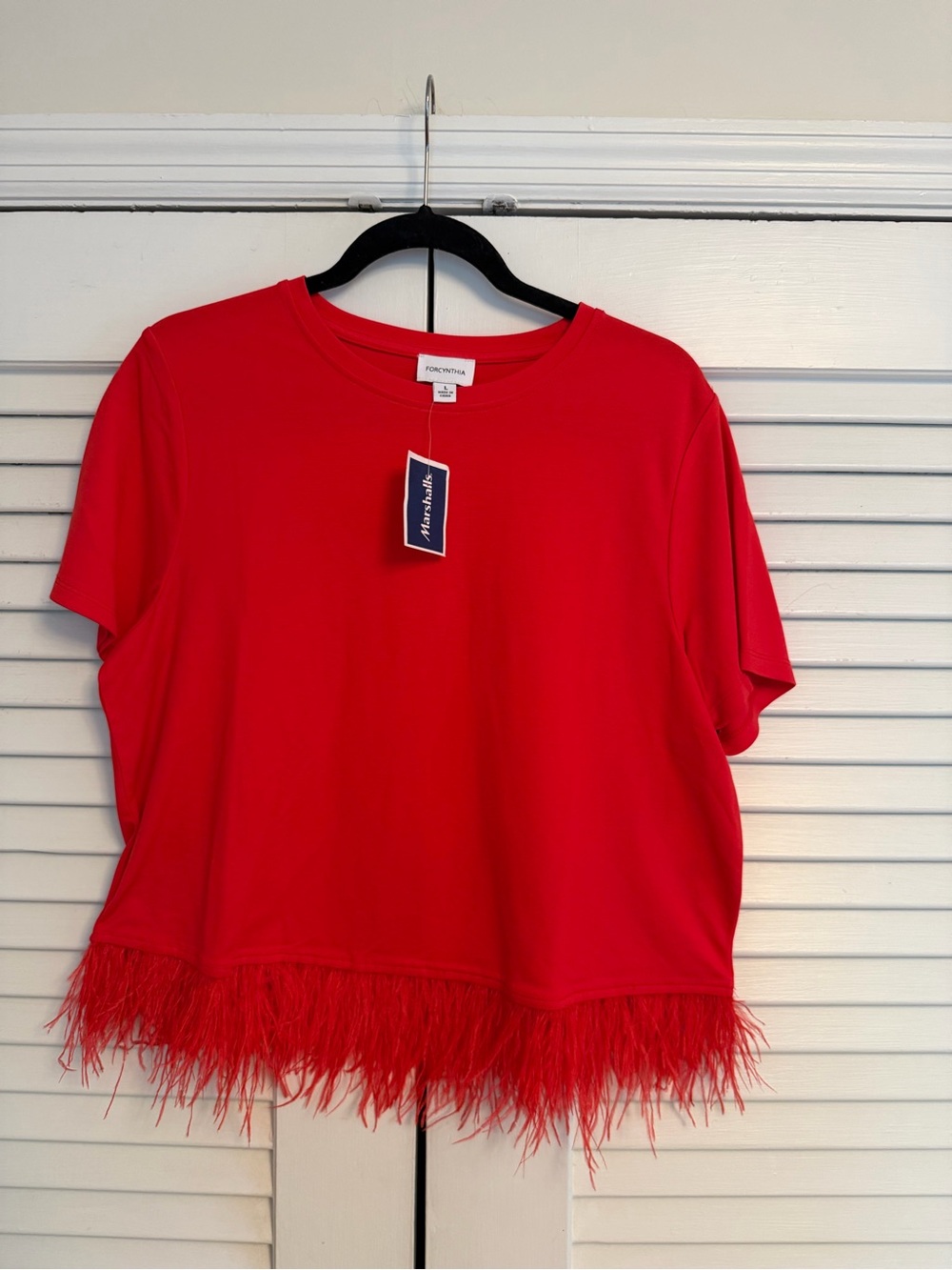 For Cynthia Red Short Sleeve Top with Feather Hem